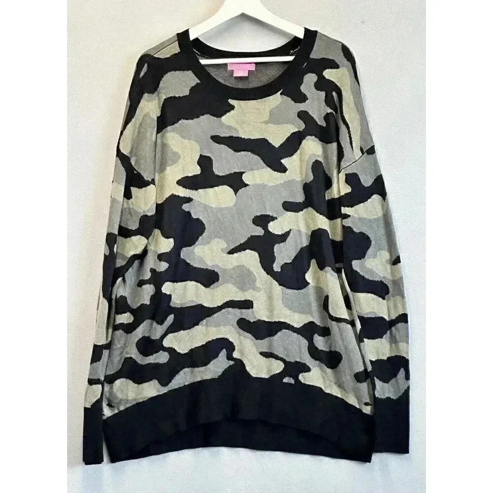 Isaac Mizrahi Women's Size 2XL Green Black Camo Pullover Crewneck Sweater